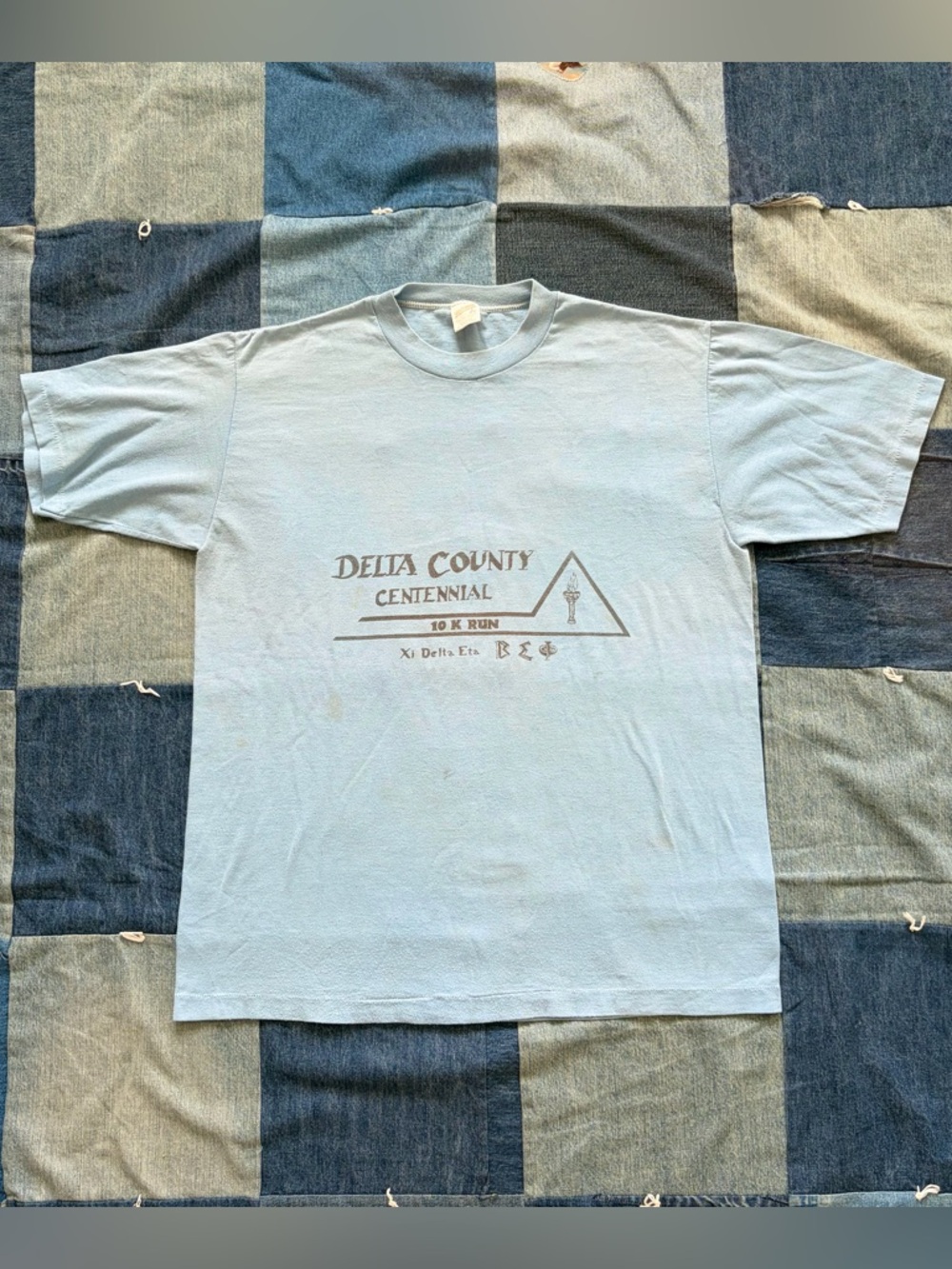 VTG 70s Xi Delta Eta 10k run t-shirt light blue sportswear tag USA made size L